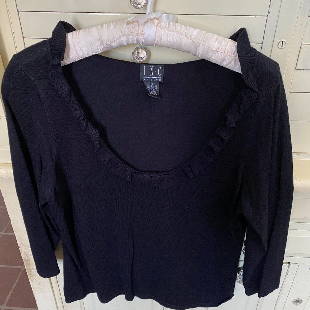 INC Petite black knit ruffle neck long sleeve top